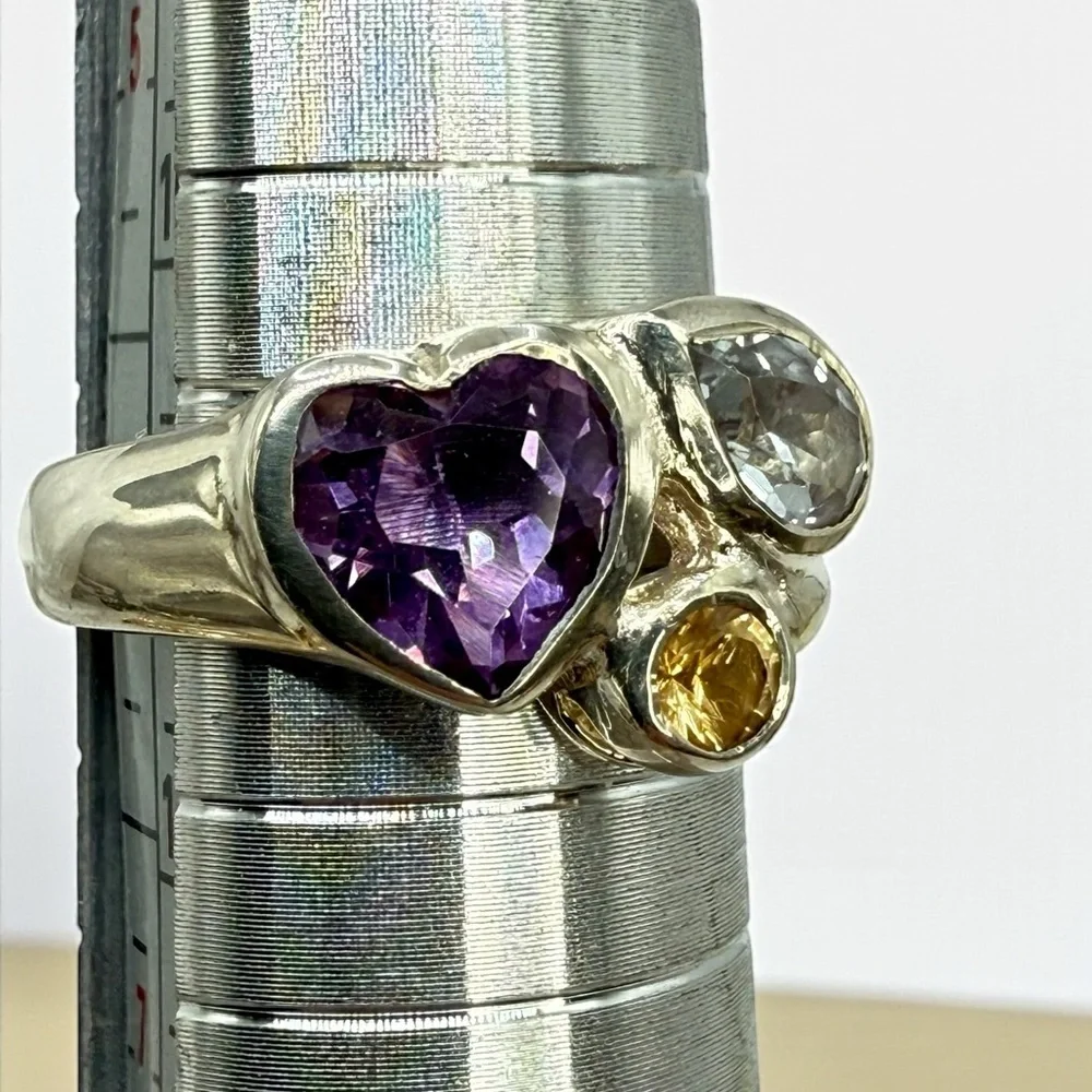 Sterling Silver Multi-Gemstone Ring – Amethyst, Citrine & Topaz – Size 6